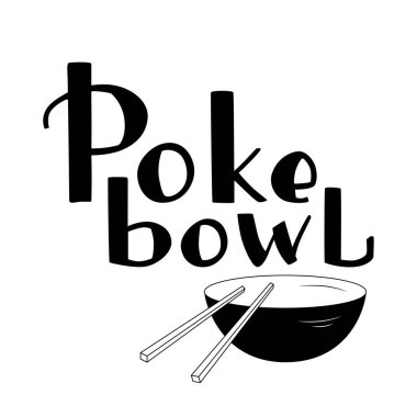 El yazısı amblem ve Hawaii mutfağı illüstrasyonları. Sağlıklı, biyolojik ve organik yemekleri olan fast food restoranları için beyaz arka planda izole edilmiş vektör stokları. EPS10
