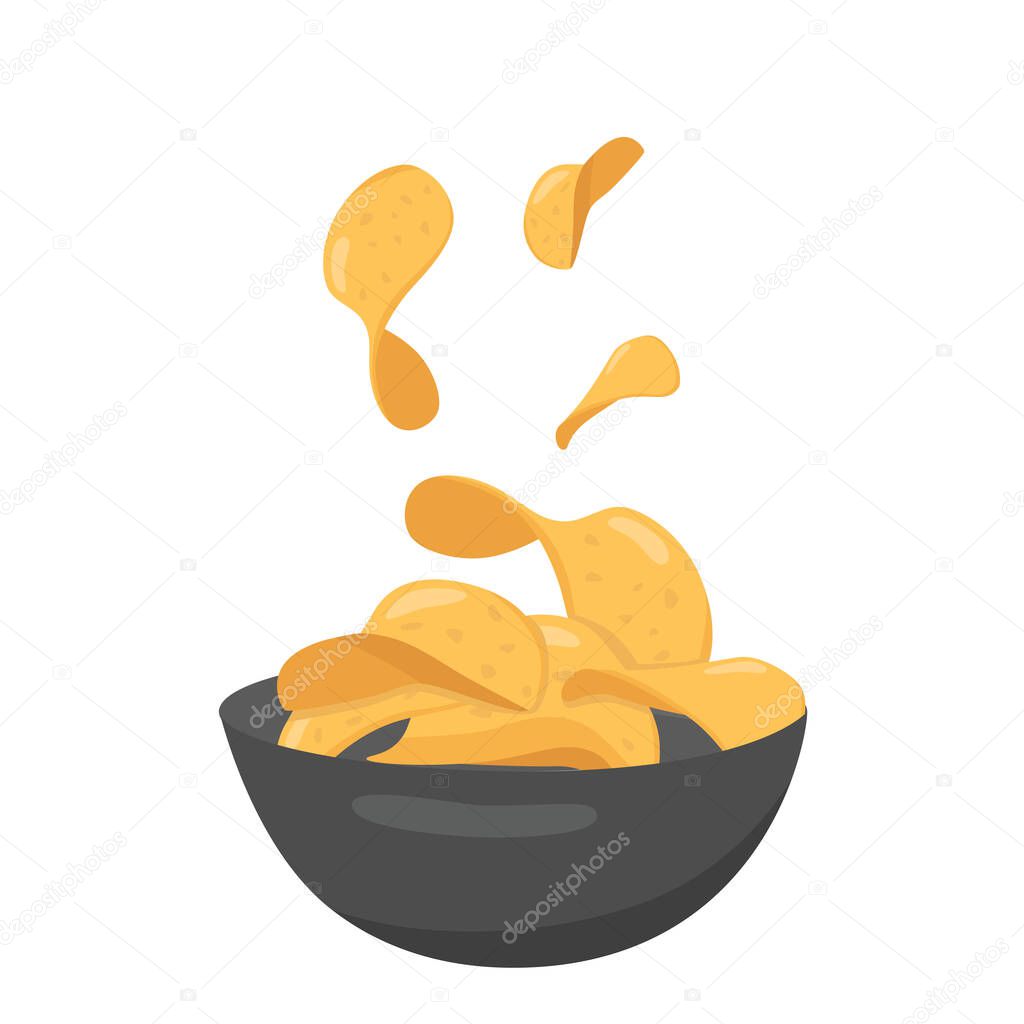 Potato chips in ceramic clay bowl for fast food menu. Fried slices potato for packaging design. Vector stock illustration isolated on white background. EPS10.