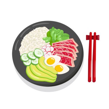 Ton balığı kabı çizimi Hawaii mutfağı. Sağlıklı, biyolojik ve organik yemekleri olan fast food restoranları için beyaz arka planda izole edilmiş vektör stokları. EPS10