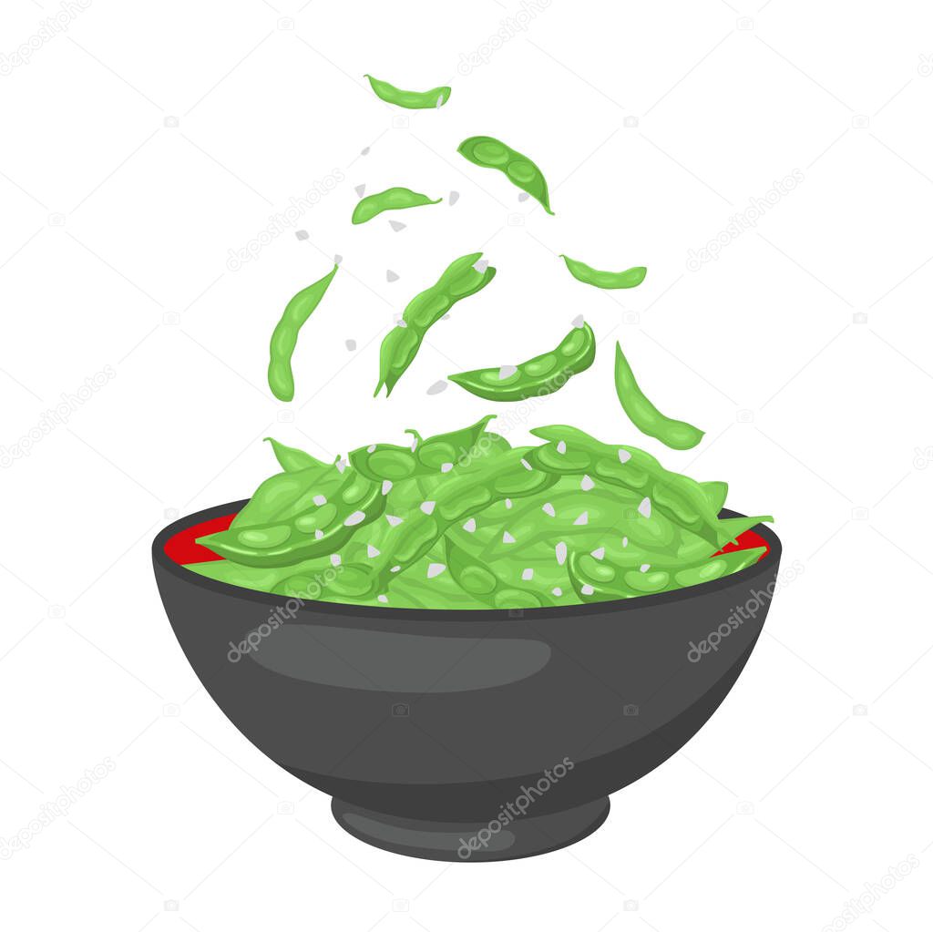 Edamame beans bowl. Vector stock illustration isolated on white background for packaging, menu design Asian cuisine. Realistic traditional dish in cartoon style.