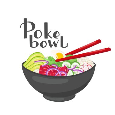 El yazısı harflerle yazılmış ton balığı kabı çizimi Hawaii mutfağı. Sağlıklı, biyolojik ve organik yemekleri olan fast food restoranları için beyaz arka planda izole edilmiş vektör stokları. EPS10