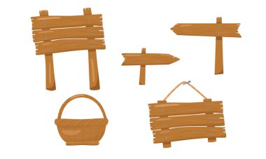 Ahşap tabela seti, desen, işaret, sepet şeklinde çizgi film şeklinde. Vektör stok illüstrasyonu bilgi iletimi için beyaz arkaplanda izole edildi. EPS10