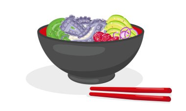 Ahtapot kase çizimi Hawaii mutfağı. Sağlıklı, biyolojik ve organik yemekleri olan fast food restoranları için beyaz arka planda izole edilmiş vektör stokları. EPS10