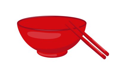 Çubuklu boş kırmızı kase, gölge. Asya mutfağı şablonu için beyaz arka planda vektör stoku çizimi izole edildi. EPS10