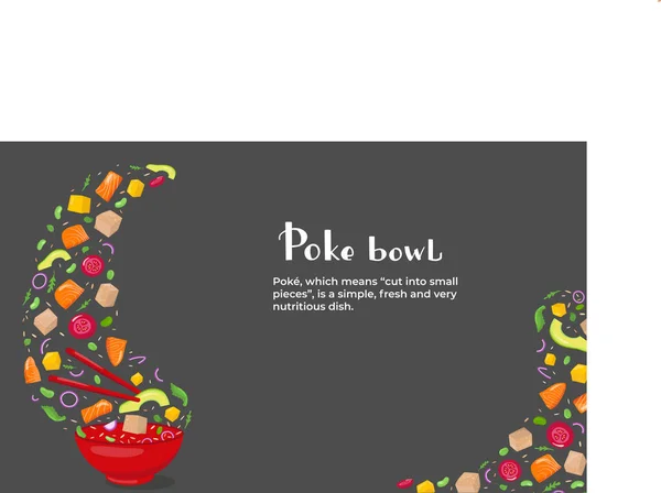 Fliegende Poke-Bowl-Zutaten mit handgeschriebener Schrift und Text. Gesundes Essen. Vektorstockillustration für Banner, Menü-Fast-Food-Restaurant, isoliert auf Tafelhintergrund. EPS10 — Stockvektor