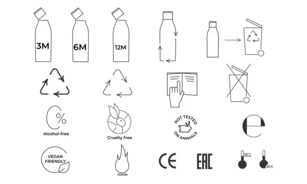 Kosmetiska förpackningar ikoner som för återvinning plastprodukt. Vektor stock illustration isolerad på vit bakgrund. EPS10. Redigerbar stroke. — Stock vektor