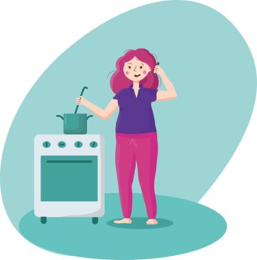 Evdeki iş kadını, yemek pişiriyor ve telefonla konuşuyor. Beyaz arkaplanda vektör hisse senedi çizimi izole edildi. EPS10