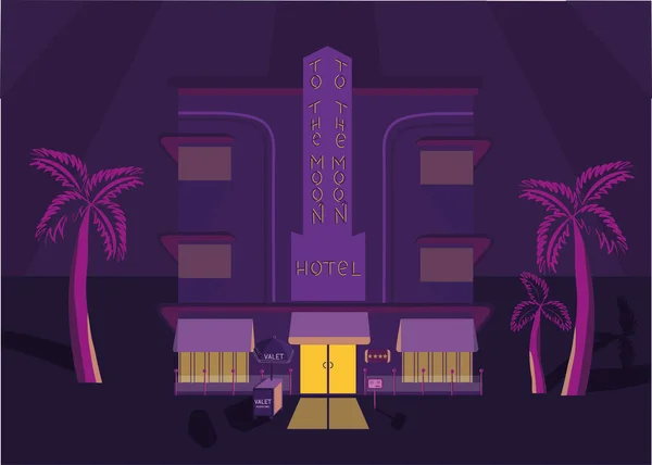 Miami strandhus, hotell med betjänt parkering på Ocean Drive i Florida, USA. Handgjort ritning vektor stock illustration hotell, palmer, vagn, paraply. Art deco-stil. — Stock vektor