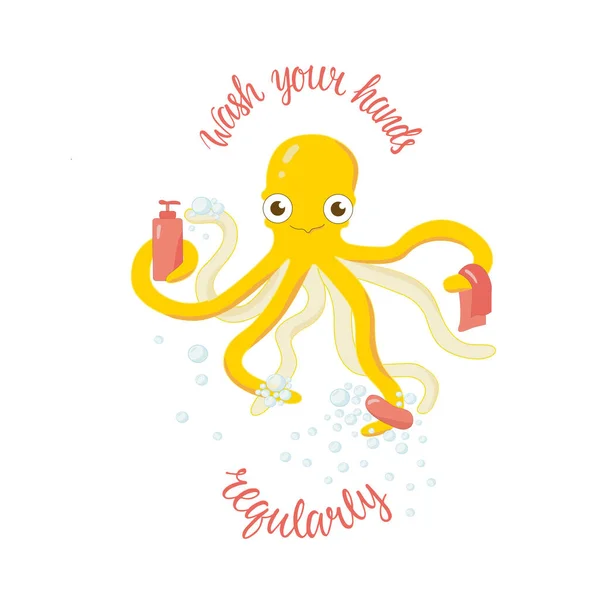 Wash your hands sign with washing octopus illustration. — Vettoriale Stock