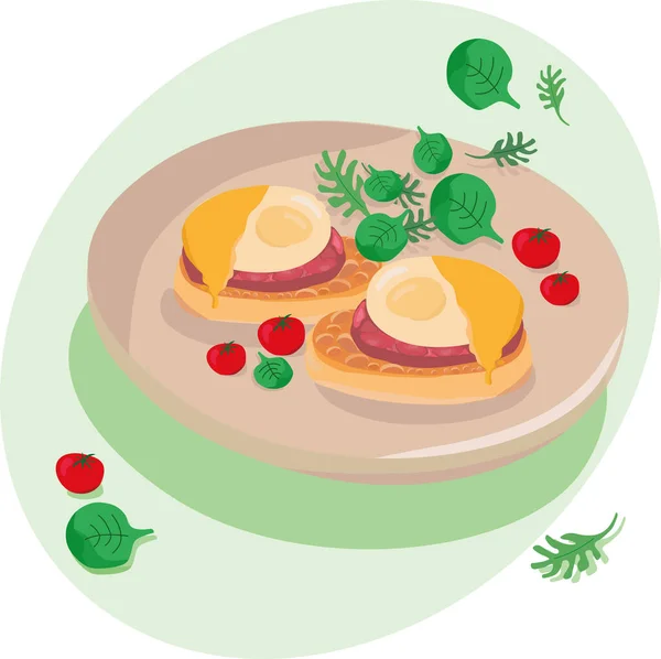 Huevos Benedict - ilustración para el desayuno, menú de brunch en un hotel, cafetería, restaurante, comedor. Póster para una decoración de pared, impresión para herramientas de cocina, industria de la impresión. Diseño del sitio web y de la página de tierra. EPS10 — Vector de stock