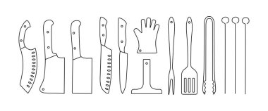 Barbekü, ızgara aletleri ana hatları ayarlandı. Düzenlenebilir felç. Restoranda tasarım ambalajı, logo ve menü için beyaz arkaplanda vektör stoku çizimi izole edildi. EPS10