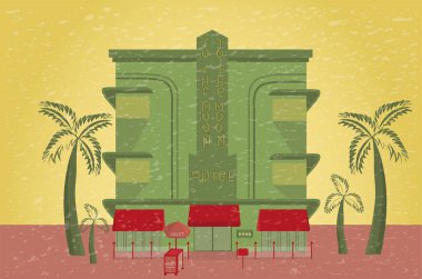 Miami plaj evi, Ocean Drive, Florida, ABD 'de valesi olan bir otel. El yapımı vektör çizimi, çizim oteli, avuç içi, tramvay, şemsiye. Art deco biçimi. 