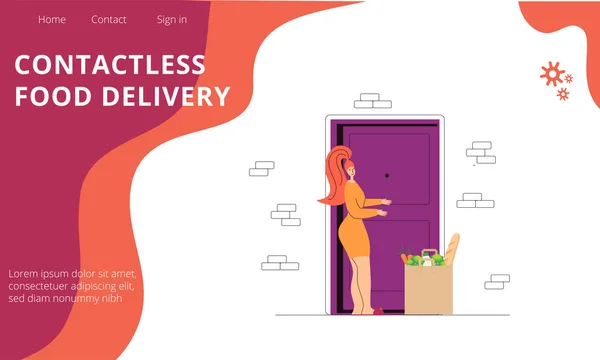 Contactless food delivery landing home page for delivery company. Woman with food bag. Vector stock illustration isolated on white and abstract background. — Archivo Imágenes Vectoriales