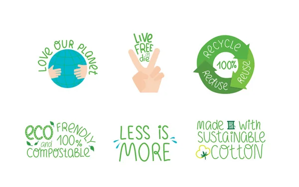 Eco quotes, hand written leterring sign set. Love our planet, recycle, eco frendly, made with sustainable cotton, less is more - set of sign. Vector stock illustration isolated on white background. — 스톡 벡터