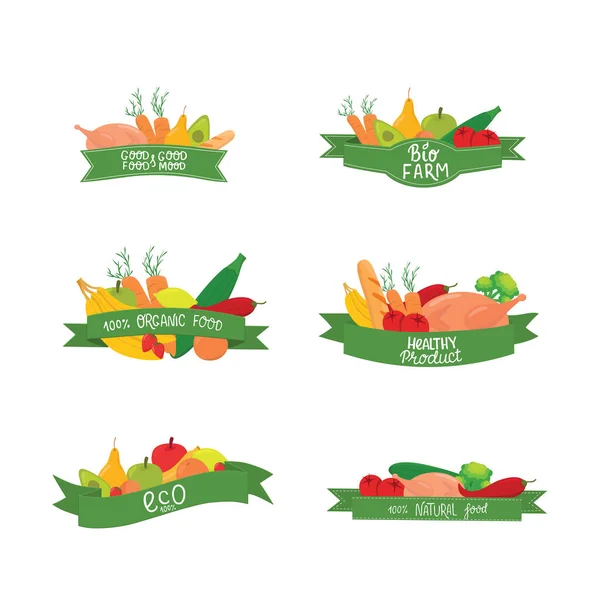Set healthy product, fruits with ribbon and hand written sign for logo sticker grocery store, bio food market, supermarket. Vector stock illustration isolated on white background. — Archivo Imágenes Vectoriales
