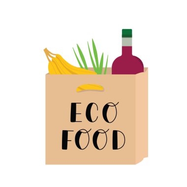 Yiyecek dolu kağıt torba, organik tarım ürünü geri dönüşüm poşetinde. Market teslimatı konsepti. Vektör stok illüstrasyonu beyaz arkaplanda izole edildi.