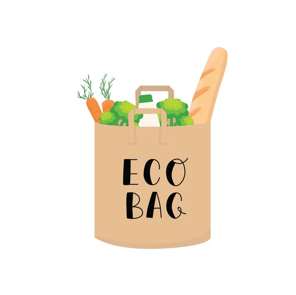 Eco bag. Paper shopping bag with food and hand written sign. Vector stock illustration isolated on white background for print organic design. — Stock Vector