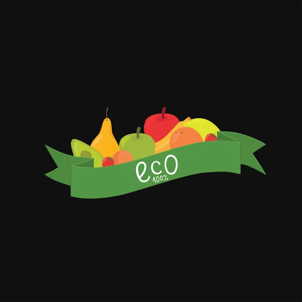 Eco produit avec ruban et signe écrit à la main pour logo autocollant épicerie, marché des aliments biologiques, supermarché. Illustration vectorielle sur fond noir. — Image vectorielle
