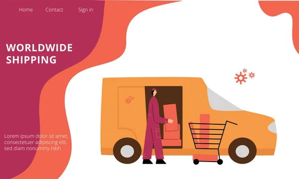 Wereldwijde verzending, levering service concept voor landing page. Platte illustratie tekens voor website transport, scheepvaart, logistiek bedrijf. Verblinding van vectorvoorraden — Stockvector