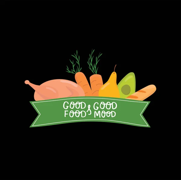 Producto saludable con cinta y letrero escrito a mano Buena comida, buen humor para la etiqueta del logotipo tienda de comestibles, mercado de alimentos biológicos, supermercado. Ilustración de stock vectorial sobre fondo negro. — Archivo Imágenes Vectoriales