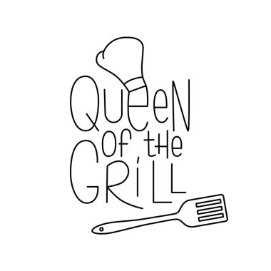 Izgara Kraliçesi yazan el yazısıyla yazılmış barbekü aletleri. Düzenlenebilir felç. Restoranda tasarım ambalajı, logo, parti ve menü için beyaz arka planda izole edilmiş vektör stokları. EPS10