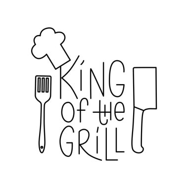 Izgaranın Kralı yazan el yazısıyla yazılmış barbekü aletleri. Düzenlenebilir felç. Restoranda tasarım ambalajı, logo, parti ve menü için beyaz arka planda izole edilmiş vektör stokları. EPS10
