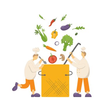 Aşçı şefi sebze çorbası yapar. Şapka, profesyonel mutfak restoranının üniforması. Not defteri, poster, çevrimiçi aşçılık kursu, sınıf sertifikası için beyaz arkaplanda vektör stoku illüstrasyonu izole edildi.