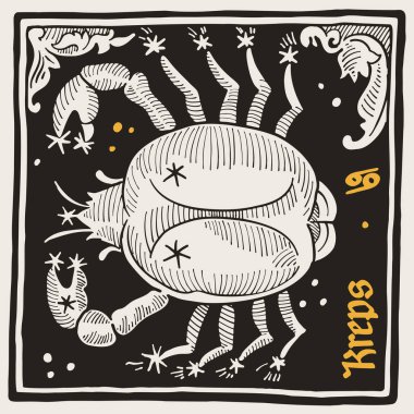 Kanser veya Yengeç burcu ve takımyıldızları. Ortaçağ tarzında, siyah harfli bir resim. Altın ve siyah kare amblem elbise, retro posterler ve kartlar için mükemmel..