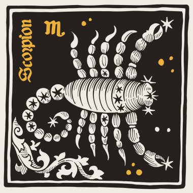 Scorpius veya Scorpion Zodiac işareti ve takımyıldızları. Ortaçağ tarzında, siyah harfli bir resim. Altın ve siyah kare amblem elbise, retro posterler ve kartlar için mükemmel..