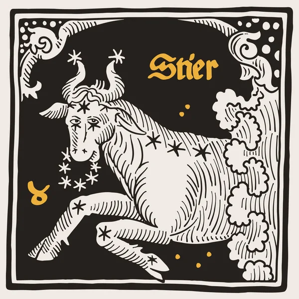 Toro Bull Segno Zodiacale Costellazioni Illustrazione Stile Medievale Con Lettere — Vettoriale Stock