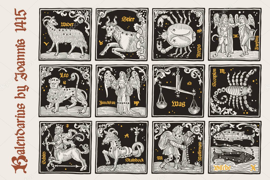 Zodiac signs set and constellations. Illustration in medieval style with black-letter lettering. Gold and black square emblem perfect for apparel, retro posters, and cards.