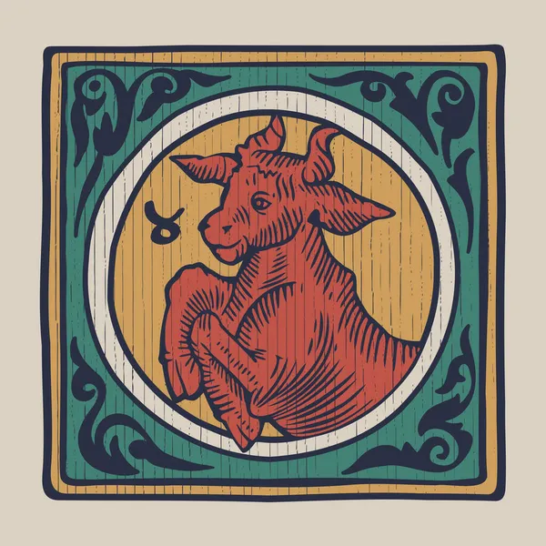 Bull Zodiac Medeltida Stil Illustration Dimfärgad Fyrkantig Emblem Perfekt För — Stock vektor