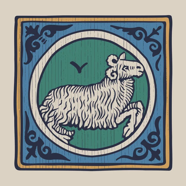 Ram Tierkreiszeichen Mittelalterliche Illustration Gedämpftes Quadratisches Emblem Perfekt Für Shirts — Stockvektor