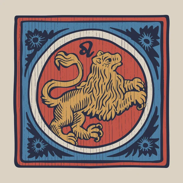 Lion Zodiac Medieval Style Illustration Dim Colored Square Emblem Perfect — Stock Vector