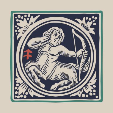 Archer Zodiac ortaçağ tarzı illüstrasyon. Loş renkli kare amblem tişörtler, eski el yazmaları ve davetiyeler için mükemmel..