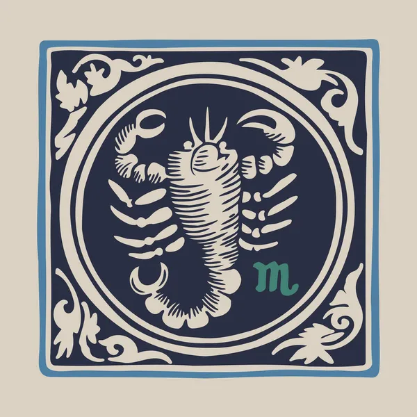 蝎子黄道带中世纪风格的插图 深色正方形标志 非常适合T恤衫 复古手稿和邀请函 — 图库矢量图片