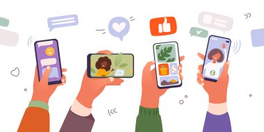 Erkekler ve kızlar akıllı telefonlar tutuyorlar, sohbet ediyorlar ve internette video izliyorlar. Kullanıcılar sosyal medyada sörf yapıyor ve fotoğrafları seviyor. Kadın karakter video konferansında konuşuyor. Düz Çizim.