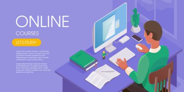 Merkez ofiste online çalışan bir adam. Masaüstünde oturup bilgisayar ekranına bakan bir karakter. İnternet eğitimi konsepti. Modern izometrik vektör çizimi.