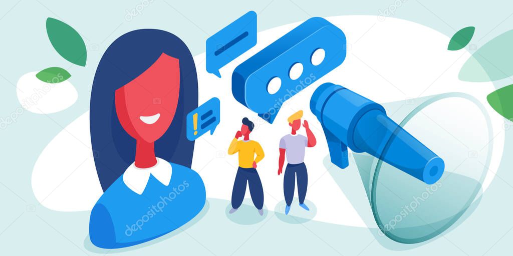 Loudspeaker and chatting group of the audience. Public relation, internet technology, and marketing concept banner. Advertising of a new promo. Isometric vector illustration.