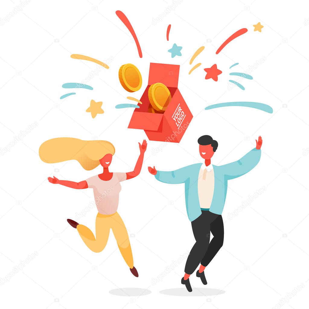 Loyalty program and bonus concept. Donation and wealth clipart. Characters are jumping and waving hands in a happy mood. Money box with fireworks and coins flat isometric vector illustration.