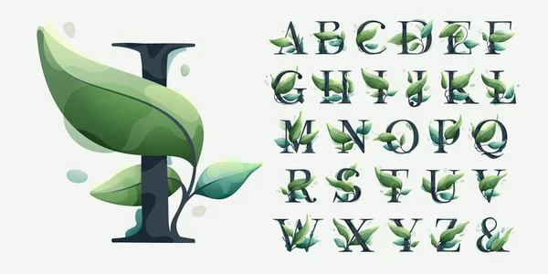 Alphabet Green Leaves Clear Vector Watercolor Style Serif Sans Font — Stock Vector