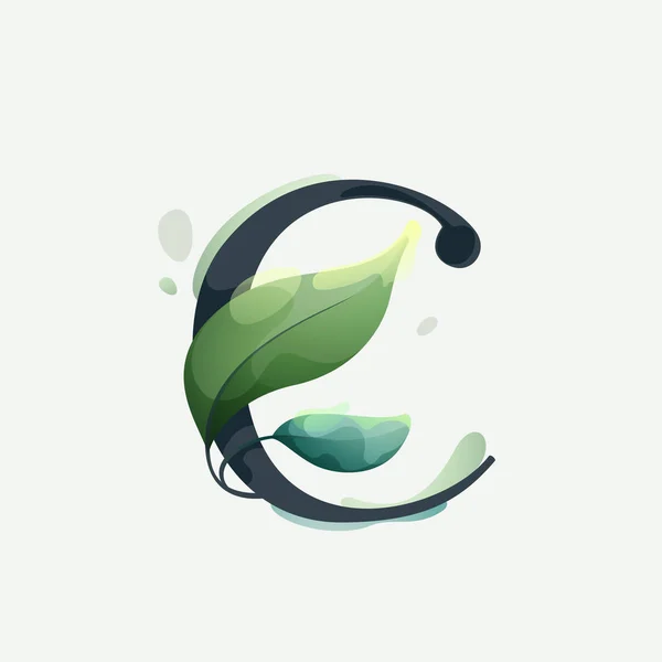 Logo Huruf Dengan Daun Hijau Dengan Gaya Warna Air Vektor - Stok Vektor