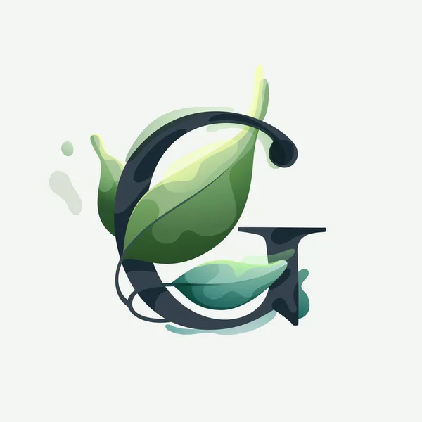 Písmeno Logo Zelenými Listy Jasném Vektorovém Akvarelovém Stylu Serif Sans — Stockový vektor