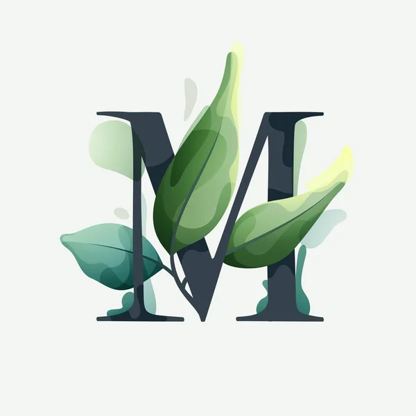 Lettera Logo Con Foglie Verdi Chiaro Stile Acquerello Vettoriale Serif — Vettoriale Stock