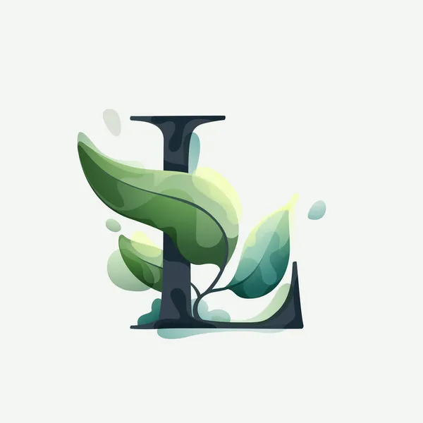 クリアベクトル水彩スタイルで緑の葉とL文字のロゴ 豪華なエンブレム 植物のアイデンティティ 生態系プロジェクト 結婚式の招待状のためのセリフサンスフォント — ストックベクタ