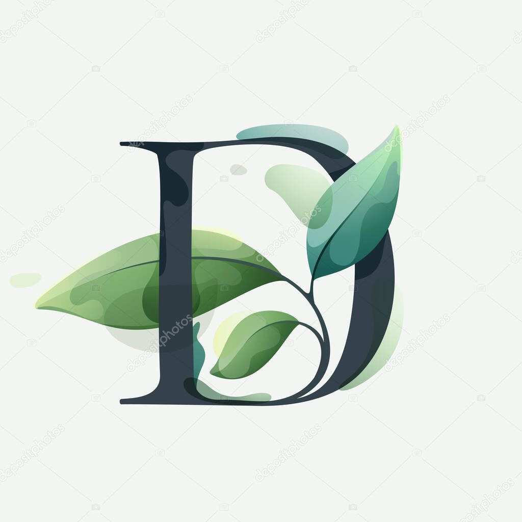 D letter logo with green leaves in clear vector watercolor style. Serif sans font for luxury emblem, botanical identity, ecology projects, wedding invitations.