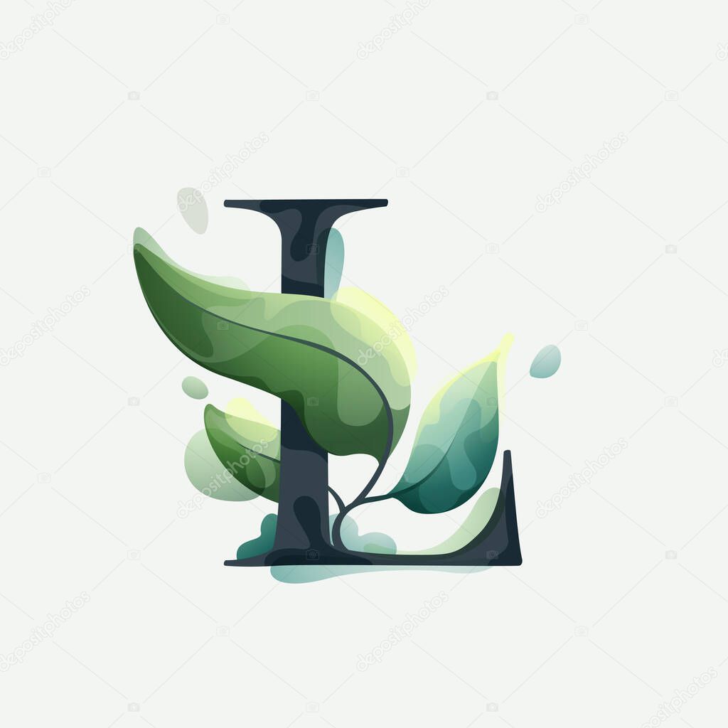 L letter logo with green leaves in clear vector watercolor style. Serif sans font for luxury emblem, botanical identity, ecology projects, wedding invitations.