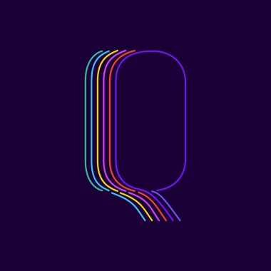 Q harfi logosu neon ışık tarzında. Altı ince çizgi renkli yazı tipi. Kumarhane etkinlikleri posterleri, canlı amblem, gece hayatı afişi ve fütüristik kimlik için mükemmel.. 