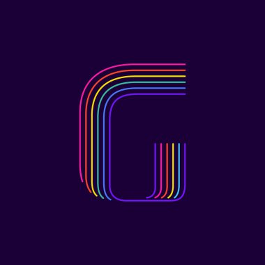 Neon ışıklı G harfi logosu. Altı ince çizgi renkli yazı tipi. Kumarhane etkinlikleri posterleri, canlı amblem, gece hayatı afişi ve fütüristik kimlik için mükemmel.. 