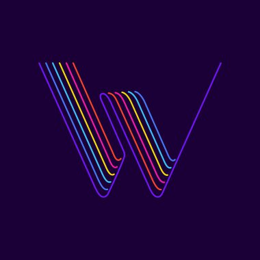 W harfi logosu neon ışık şeklinde. Altı ince çizgi renkli yazı tipi. Kumarhane etkinlikleri posterleri, canlı amblem, gece hayatı afişi ve fütüristik kimlik için mükemmel.. 